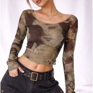 Y2K Style Cider Sheer Mesh Long Sleeve Tee in Grunge Earthy Face Print Size XS